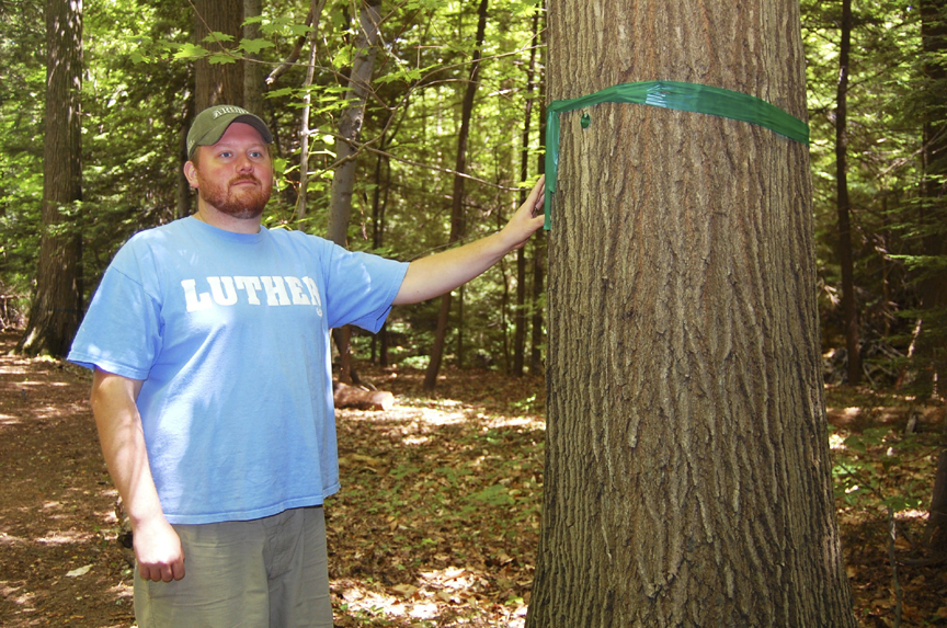 Camp Luther's director, Corey Wagonfield, standing with one of the earmarked trees to serve as a memorial tree at the LakeSide EcoEternity Forest